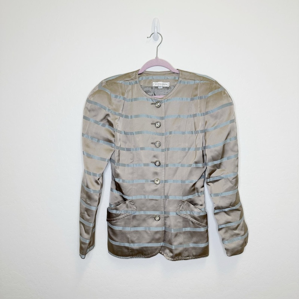 Vintage 1980s Victor Costa Gray Striped Button Front Evening Jacket Size 12